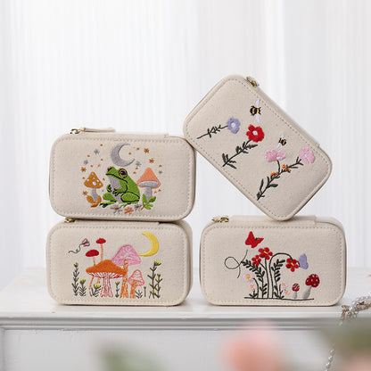 Embroidered Canvas Jewelry Box Portable Multiple Colors