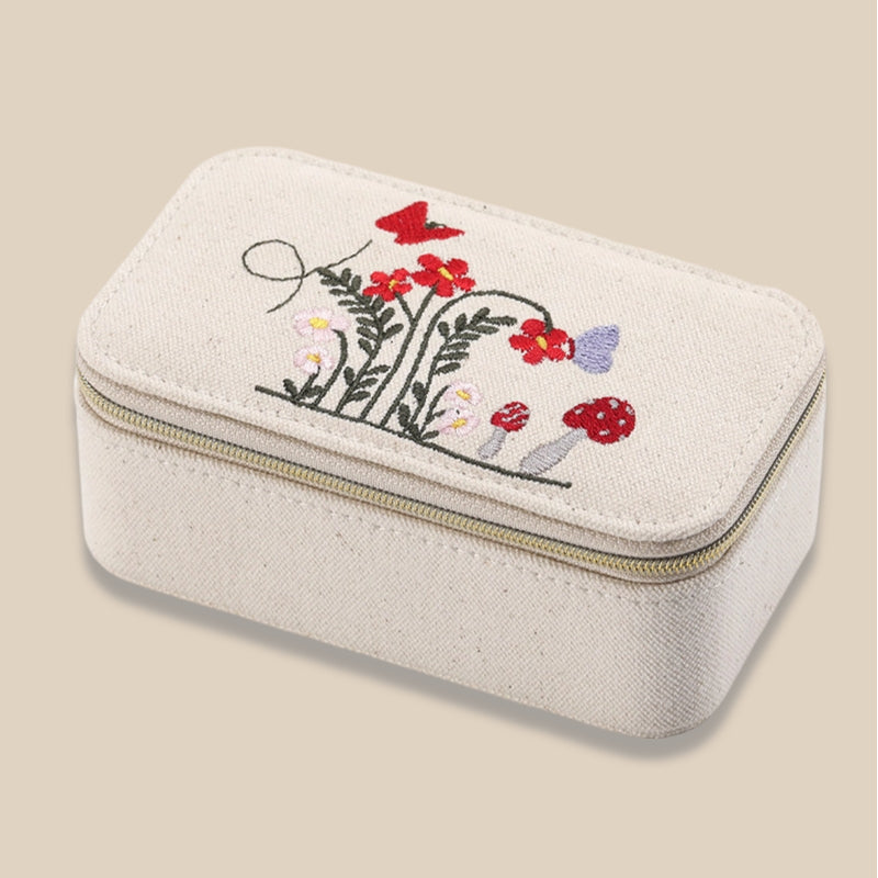 Embroidered Canvas Jewelry Box Portable Multiple Colors