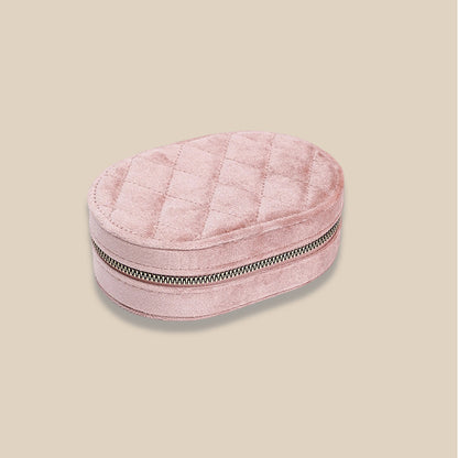Oval Zipper Travel Jewelry Case Velvet Multiple Colors