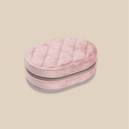 Oval Zipper Travel Jewelry Case Velvet Multiple Colors