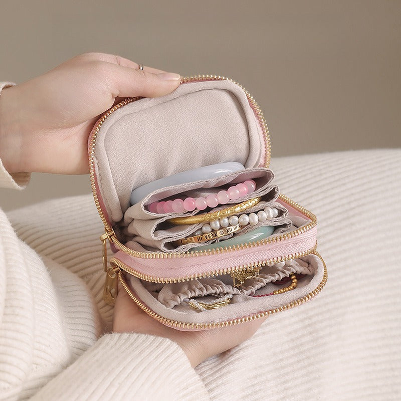 Double Layer Velvet Jewelry Pouch Portable Handheld