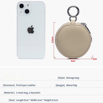 Genuine Leather Round Portable Lipstick Mirror Pouch Keychain