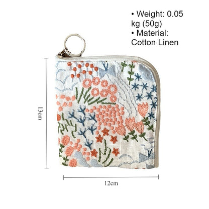 Cotton Linen Embroidered Coin Lipstick Pouch