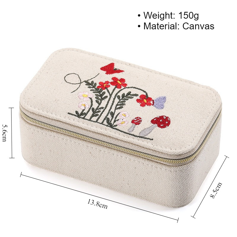 Embroidered Canvas Jewelry Box Portable Multiple Colors