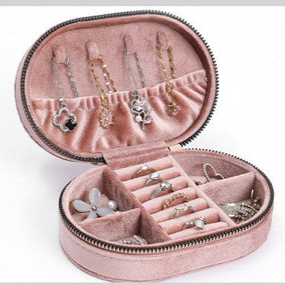 Oval Zipper Travel Jewelry Case Velvet Multiple Colors