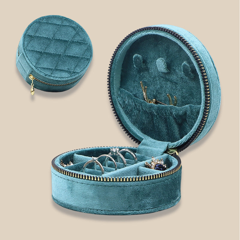 Round Italian Velvet Jewelry Box Portable Multiple Colors